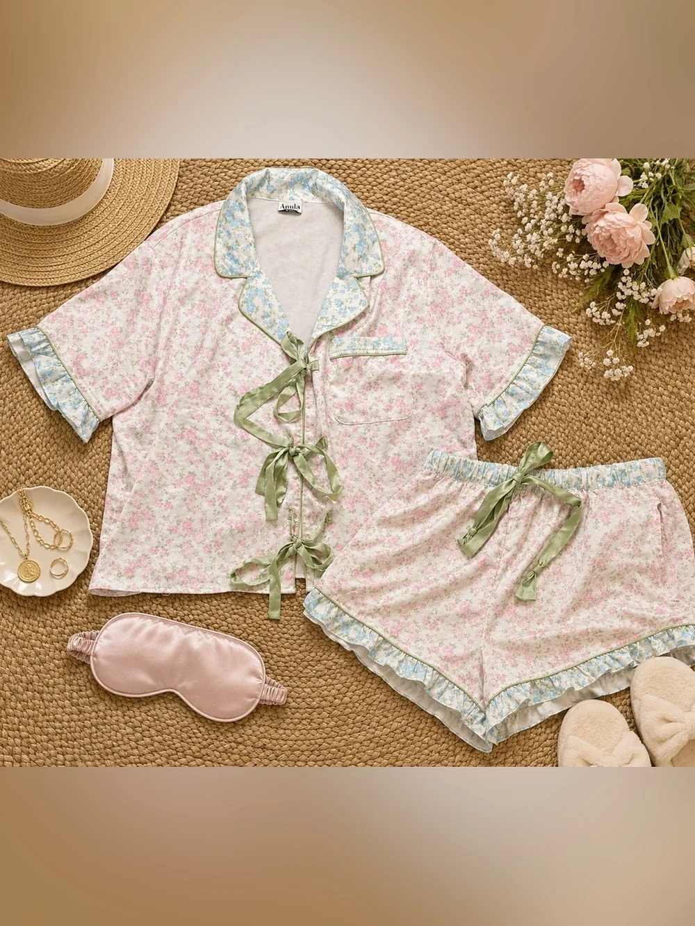 Arula Pink Floral Pajama Set Women’s Lounge Sleepwear Green Ribbon Tie Shorts